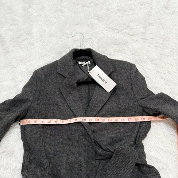 Women Thakoon Herringbone Wrap Tie Jacket Mid Length in Dark Grey Size Small - Picture 5 of 9
